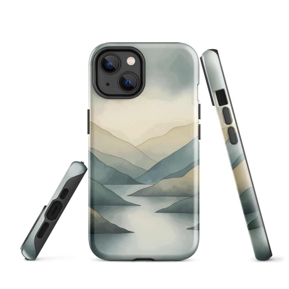 Phone case with soft mountain and valley design in misty green, blue, and golden tones