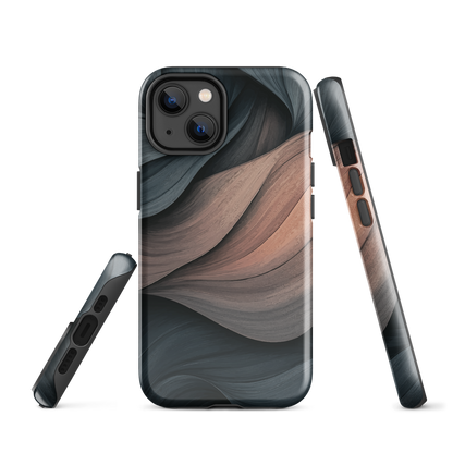 Phone case with flowing abstract design in black, copper and charcoal tones, inspired by dusk shadows