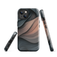 Phone case with flowing abstract design in black, copper and charcoal tones, inspired by dusk shadows