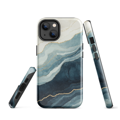 An elegant abstract phone case inspired by layered coastal forms in blue and teal tones.