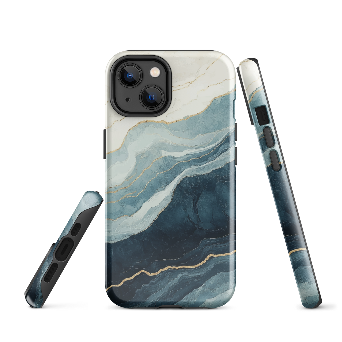 An elegant abstract phone case inspired by layered coastal forms in blue and teal tones.