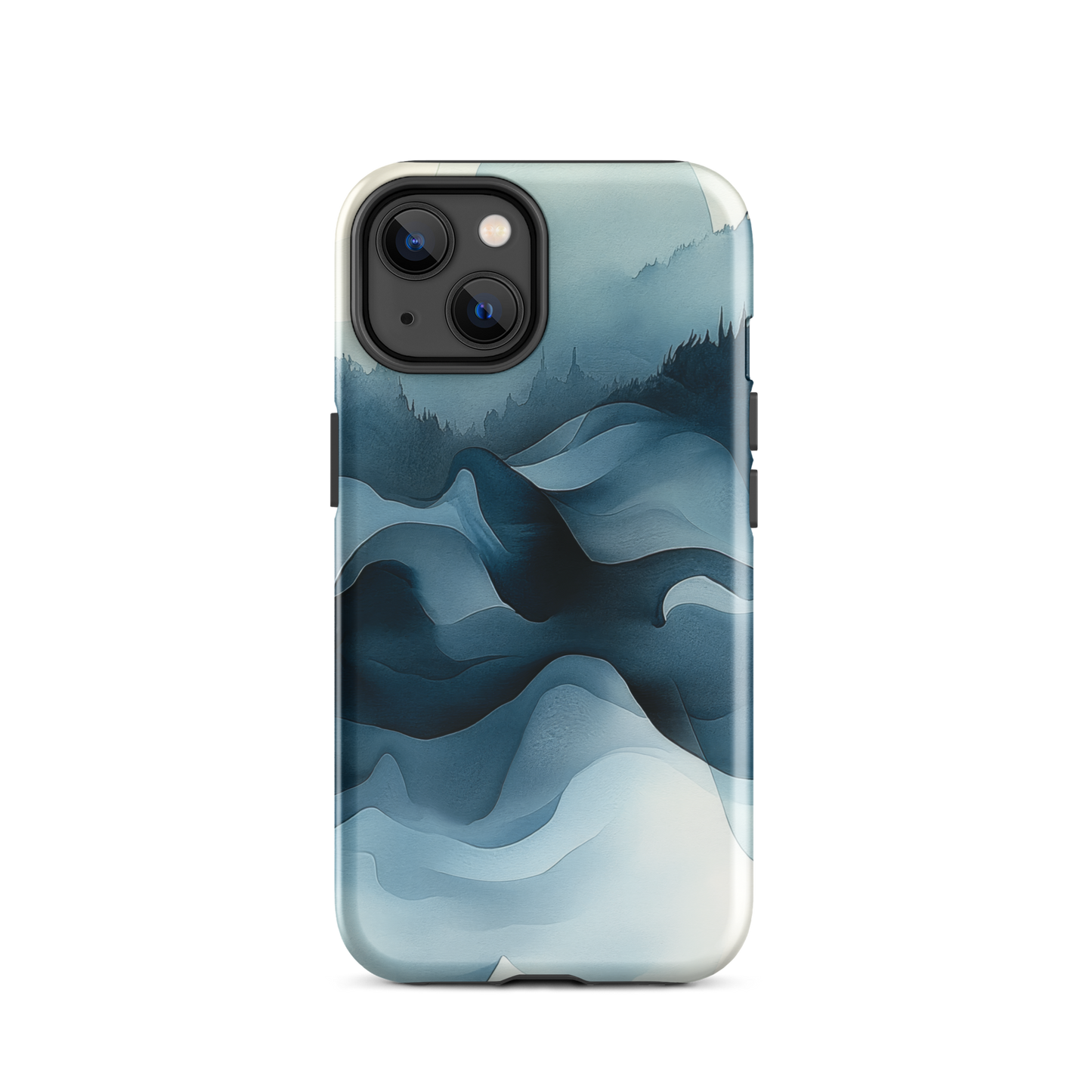 A calming abstract landscape protective phone case inspired by quiet valleys and soft blue tones.