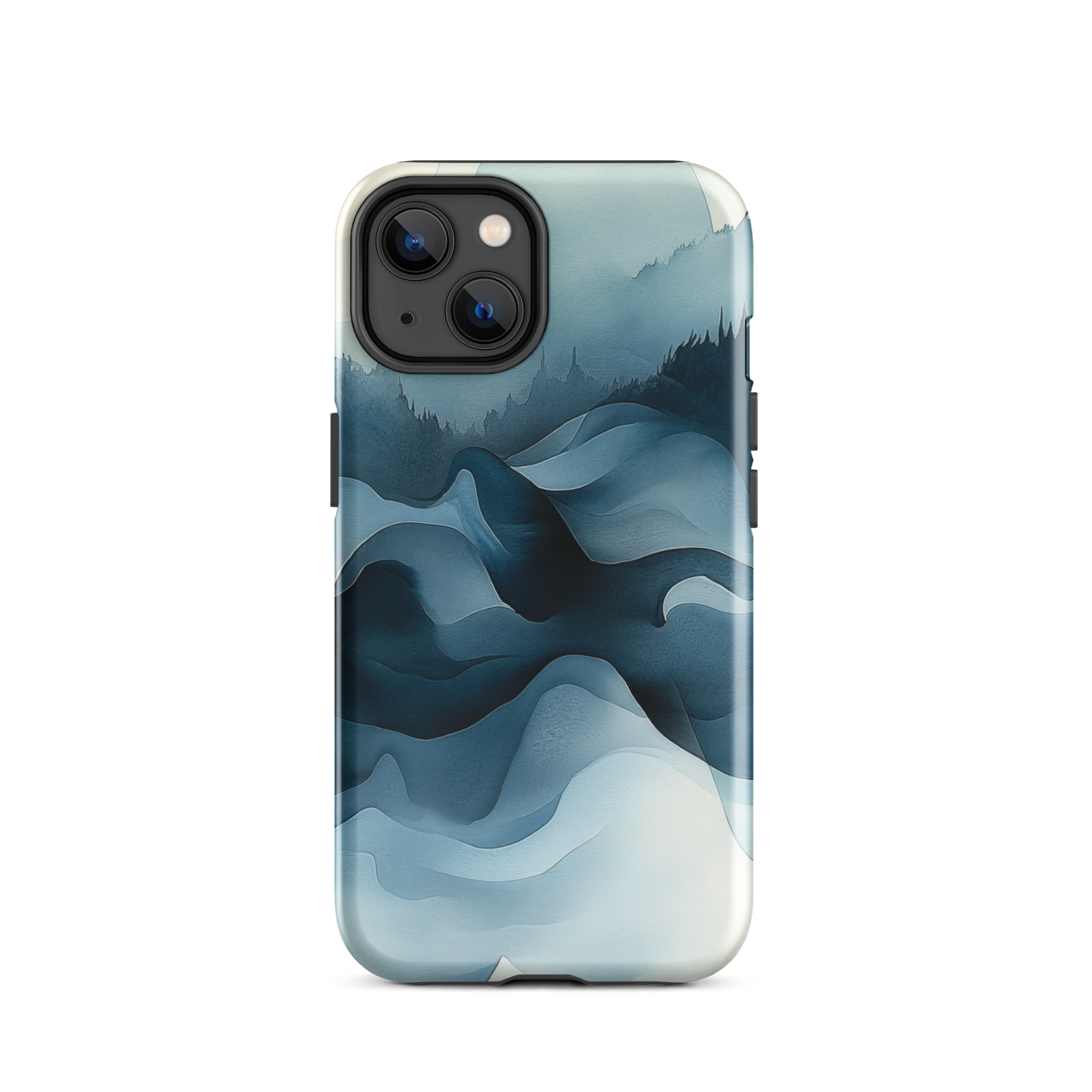 A calming abstract landscape protective phone case inspired by quiet valleys and soft blue tones.
