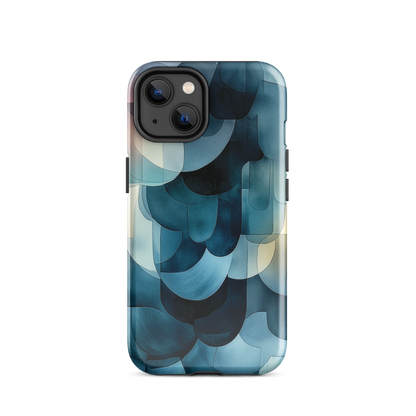 A modern abstract phone case featuring layered blue forms and soft flowing shapes.