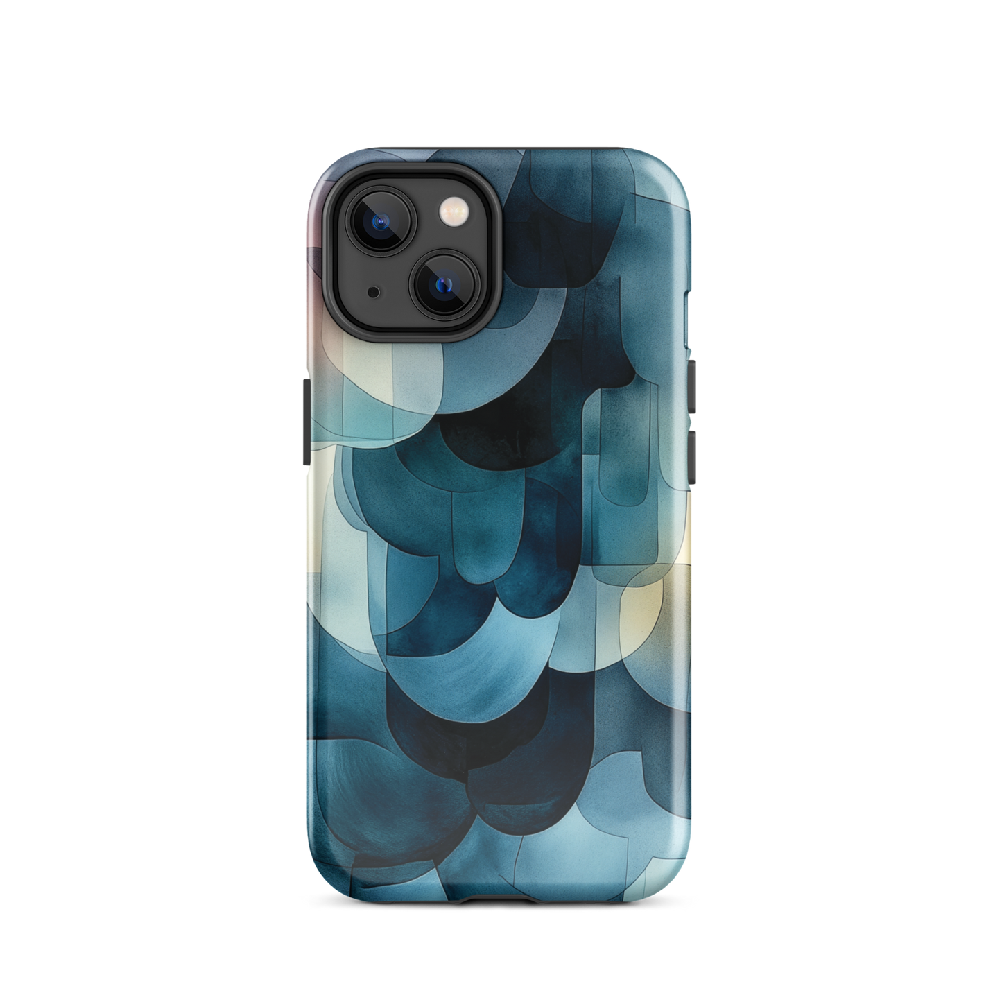 A modern abstract phone case featuring layered blue forms and soft flowing shapes.
