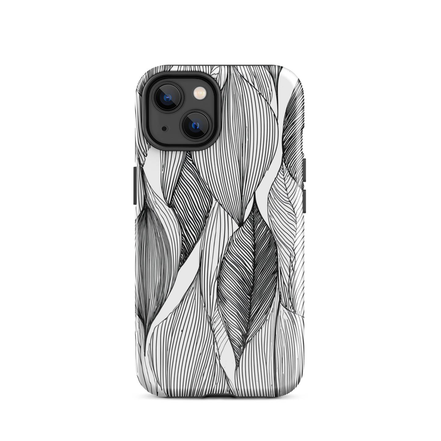A minimalist phone case featuring fine black botanical linework in a repeating leaf pattern.
