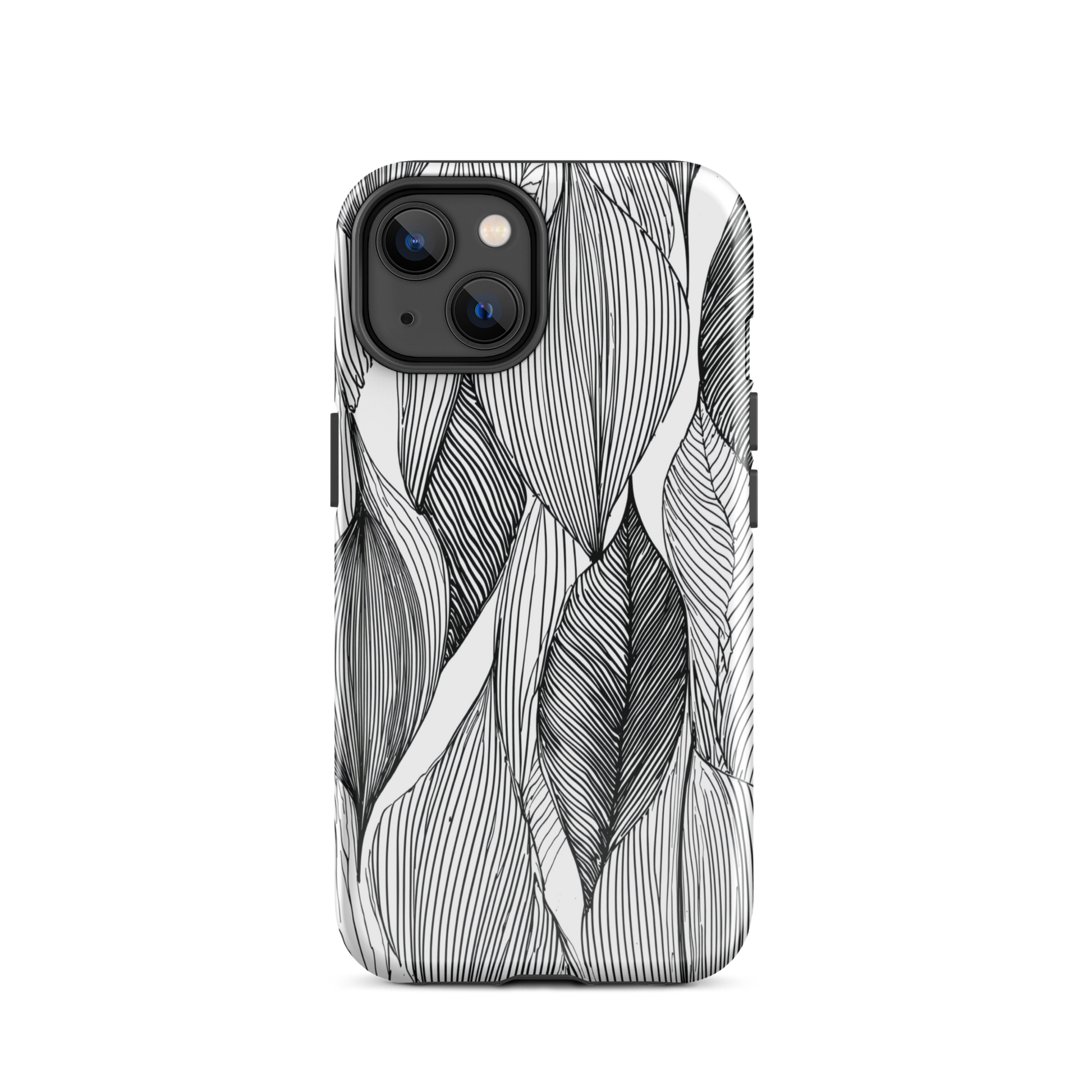 A minimalist phone case featuring fine black botanical linework in a repeating leaf pattern.