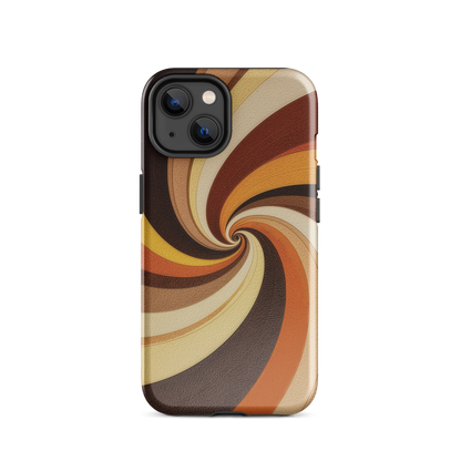 A retro-inspired phone case featuring warm swirling patterns in orange, yellow, and brown tones.