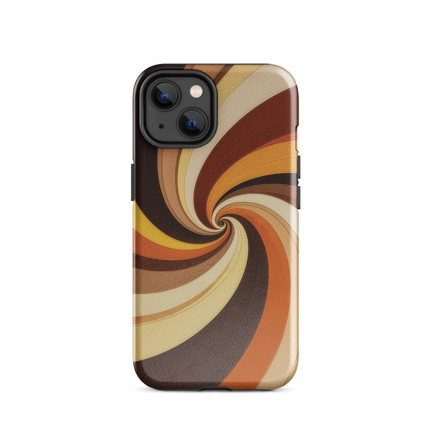 A retro-inspired phone case featuring warm swirling patterns in orange, yellow, and brown tones.