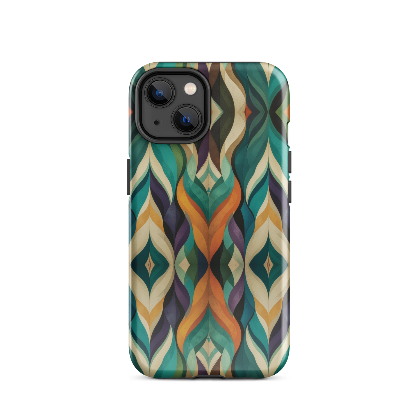 A bold geometric phone case featuring layered shapes in rich, earthy tones.