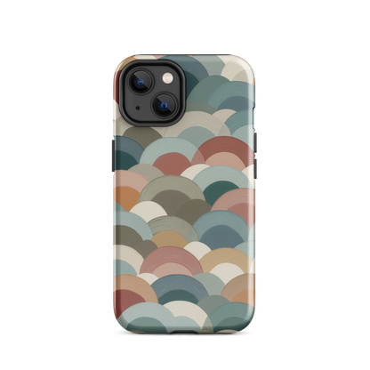 A soft retro-inspired phone case featuring layered arc shapes in warm, earthy tones.