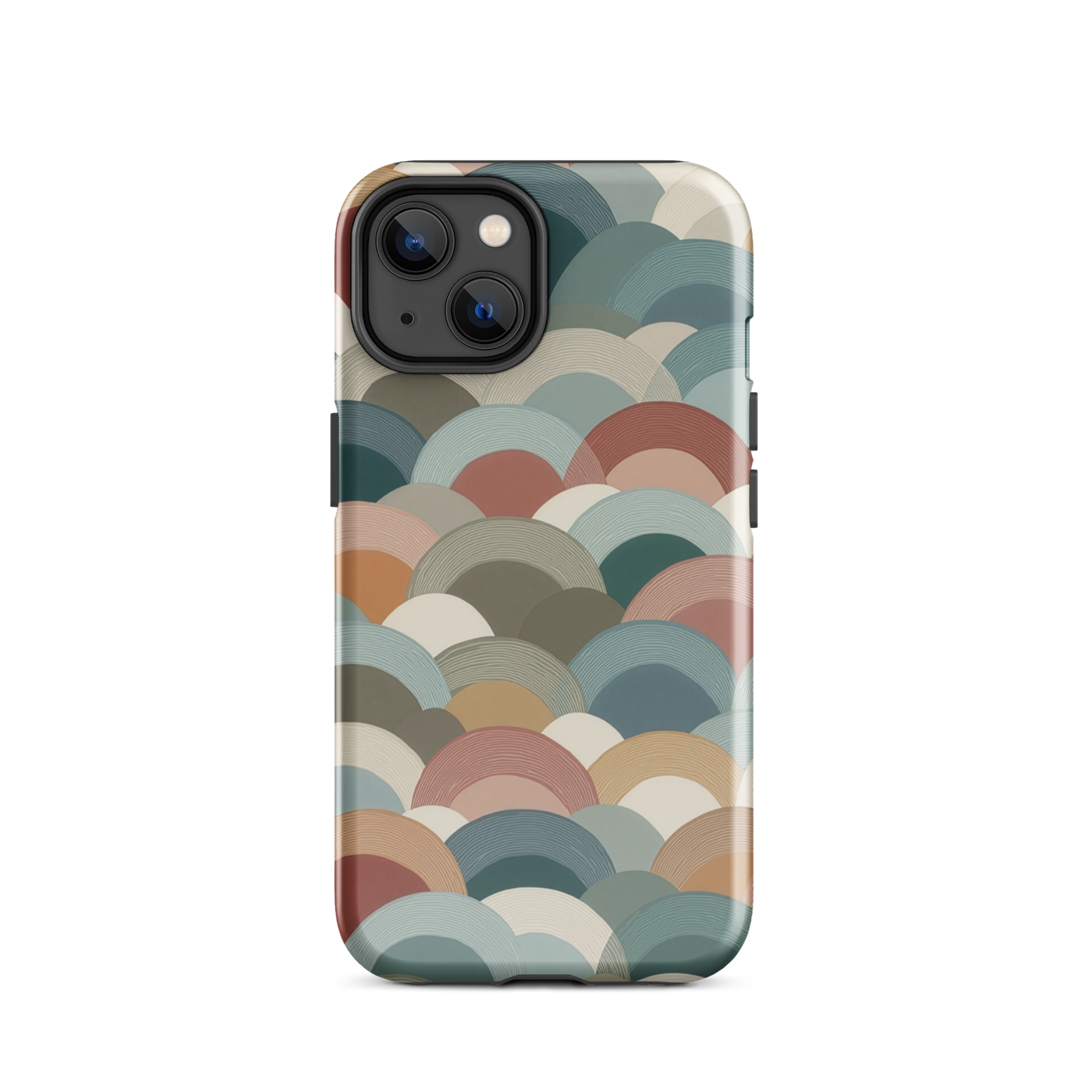 A soft retro-inspired phone case featuring layered arc shapes in warm, earthy tones.