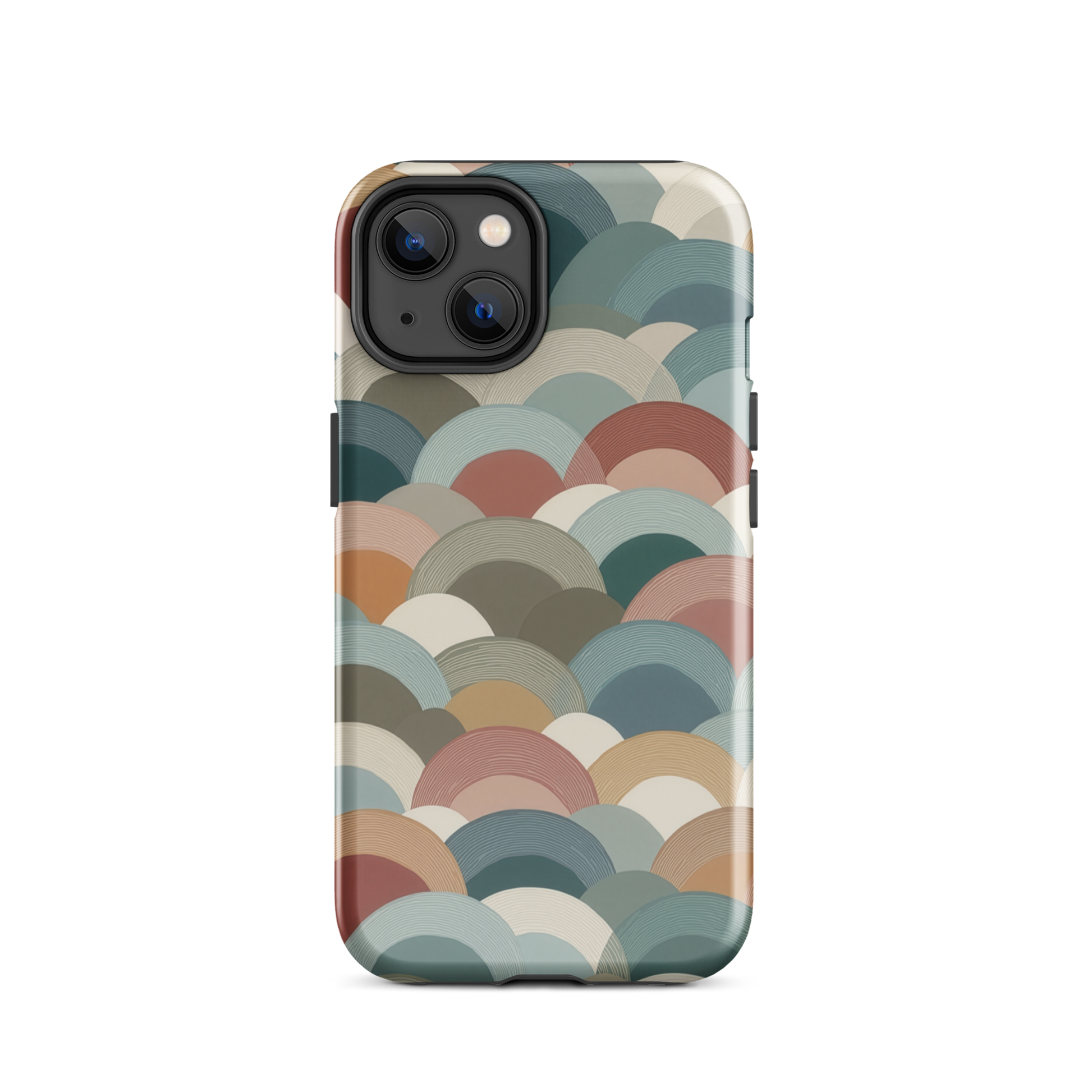 A soft retro-inspired phone case featuring layered arc shapes in warm, earthy tones.