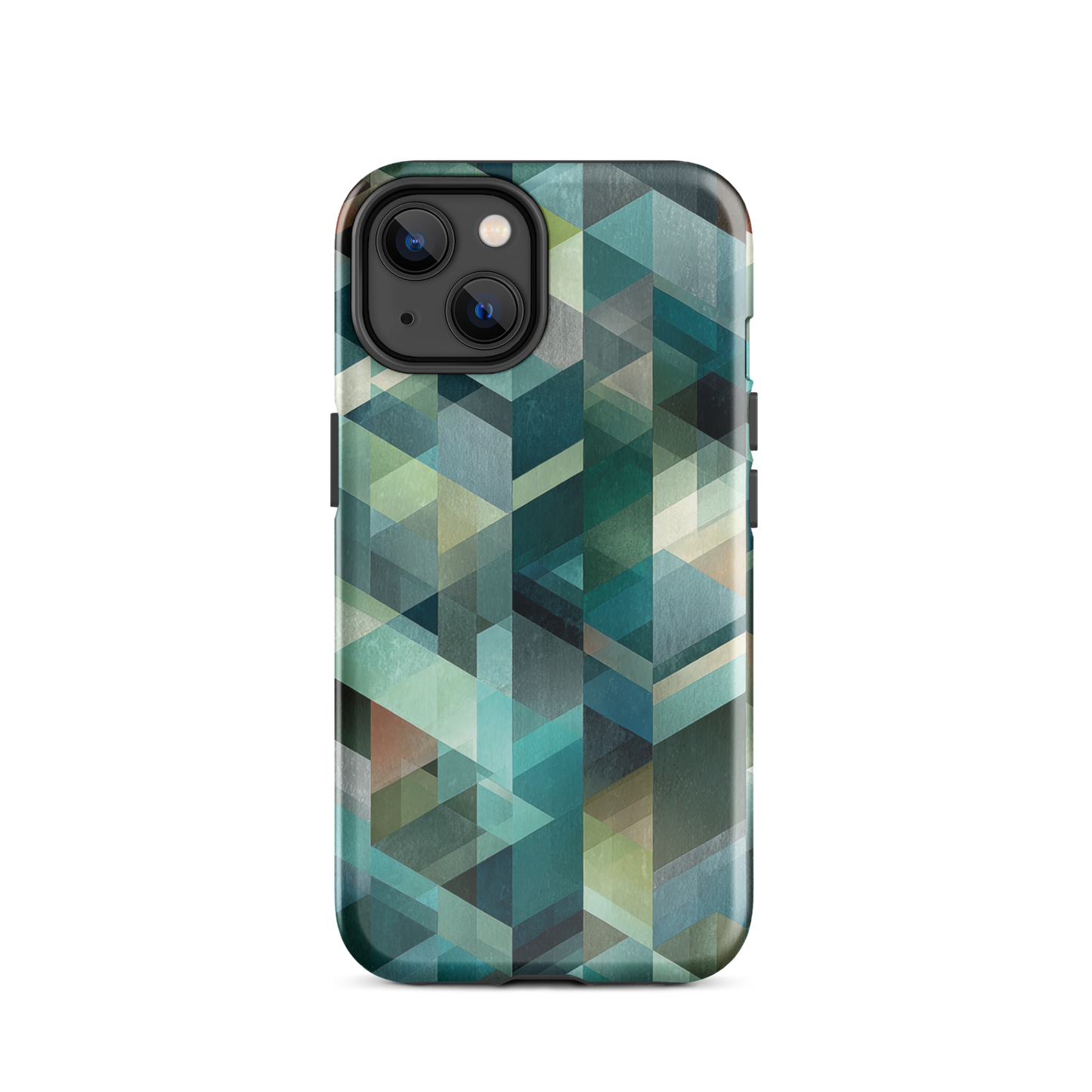 Modern abstract geometric phone case in teal and blue tones with layered retro-inspired shapes.
