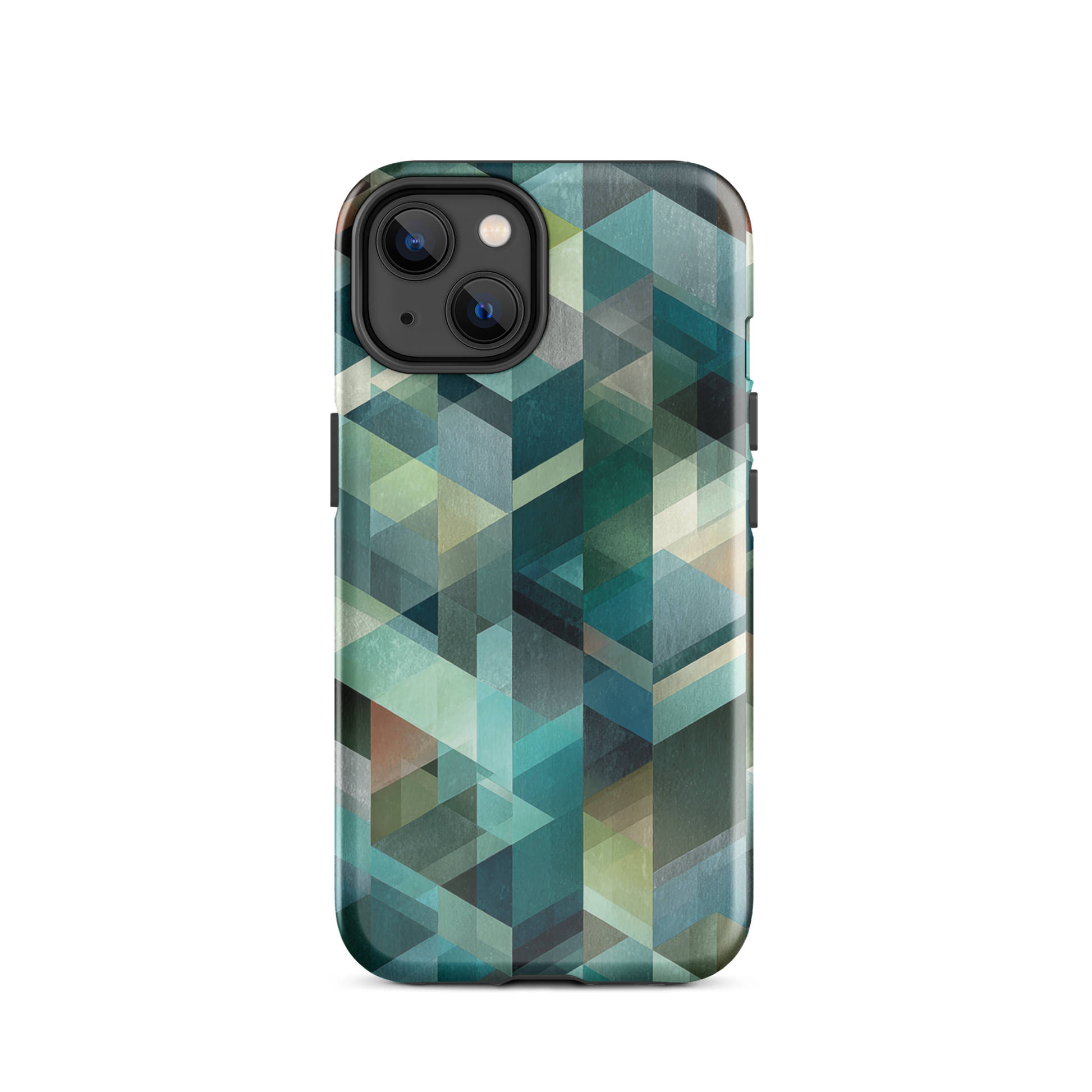 Modern abstract geometric phone case in teal and blue tones with layered retro-inspired shapes.