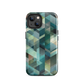 Modern abstract geometric phone case in teal and blue tones with layered retro-inspired shapes.