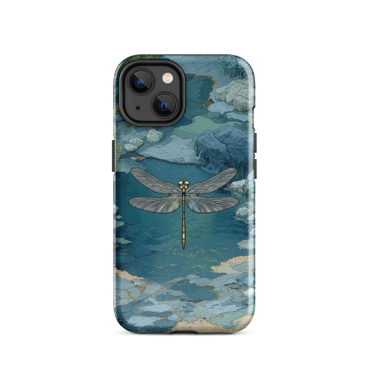 Nature-inspired phone case featuring a dragonfly over calm water with blue and green forest tones.