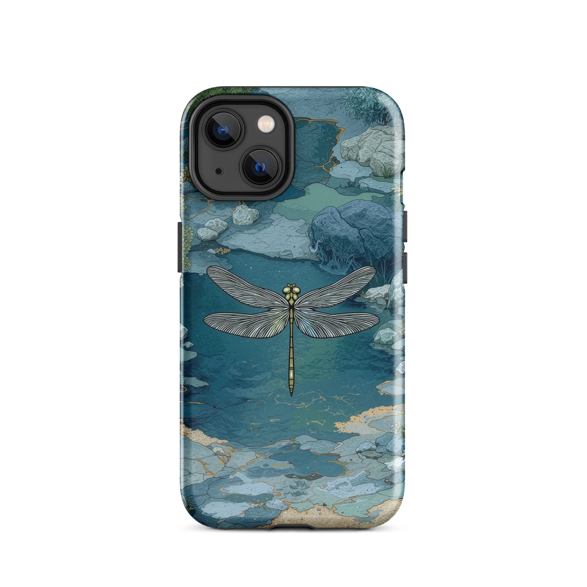 Nature-inspired phone case featuring a dragonfly over calm water with blue and green forest tones.