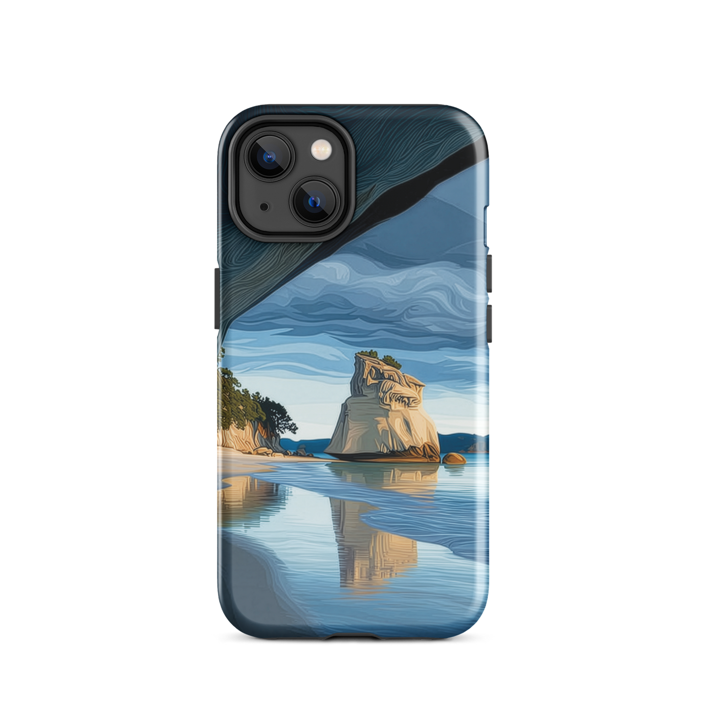 Artistic Cathedral Cove coastal designer phone case with arch rock, blue ocean and golden cliffs