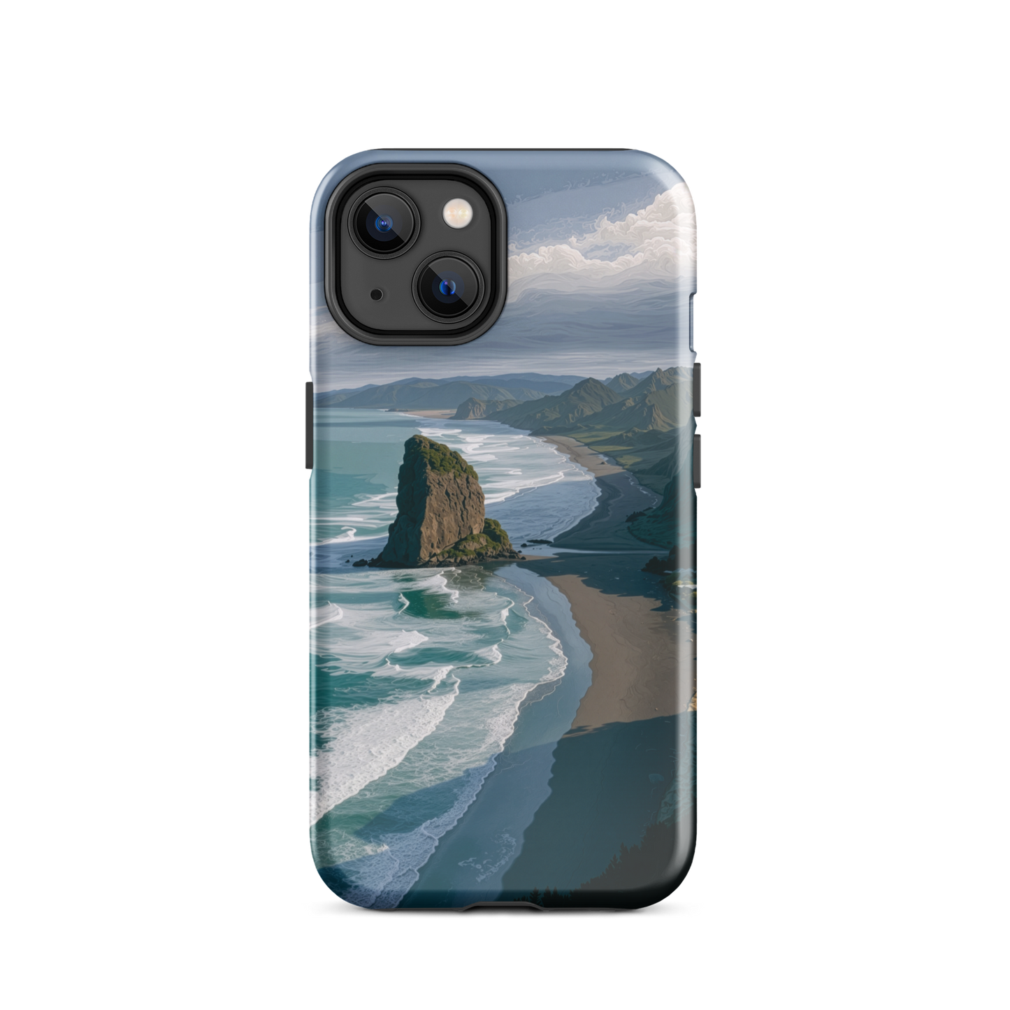 Piha Beach Lion Rock designer phone case with turquoise waves and dramatic NZ coastline