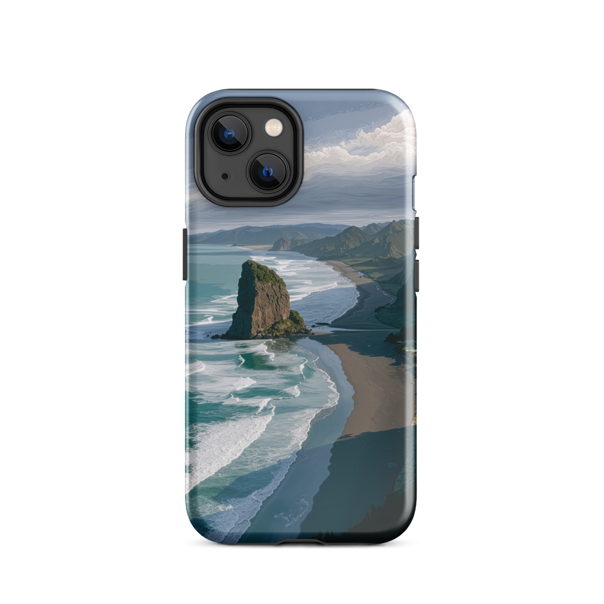 Piha Beach Lion Rock designer phone case with turquoise waves and dramatic NZ coastline