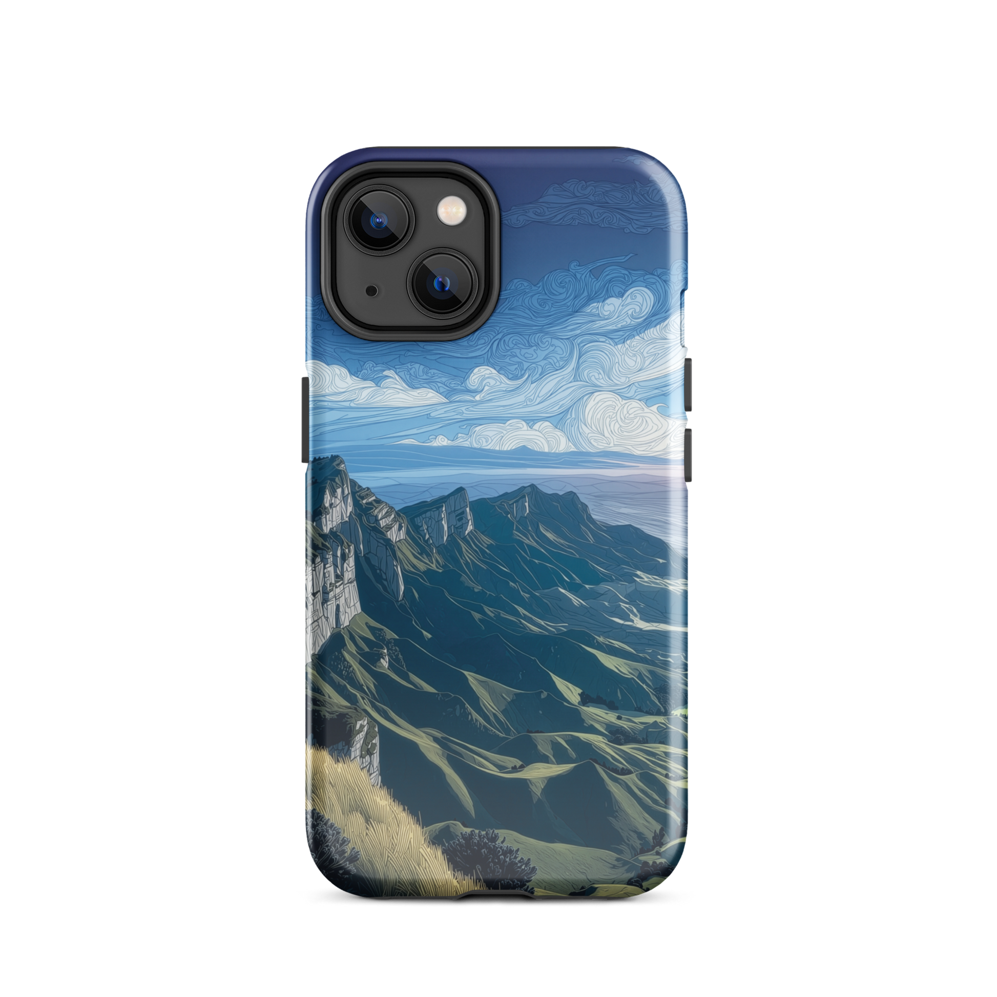Te Mata Peak designer phone case with Hawke’s Bay cliffs, rolling green hills and dramatic swirling sky