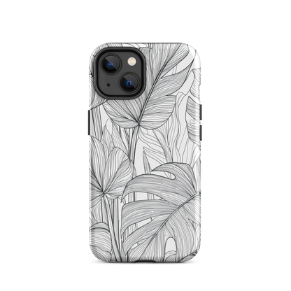 Minimal black and white tropical leaf designer phone case with detailed botanical line art