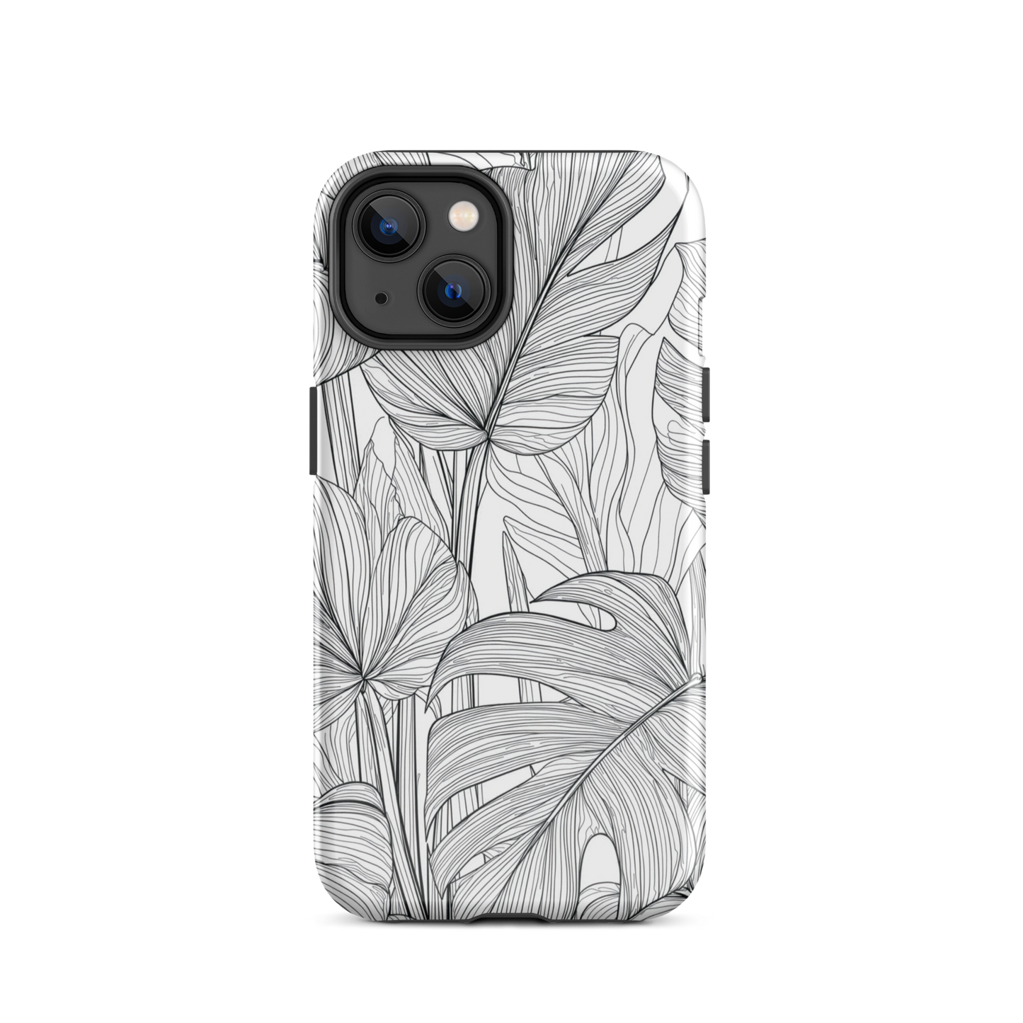 Minimal black and white tropical leaf designer phone case with detailed botanical line art