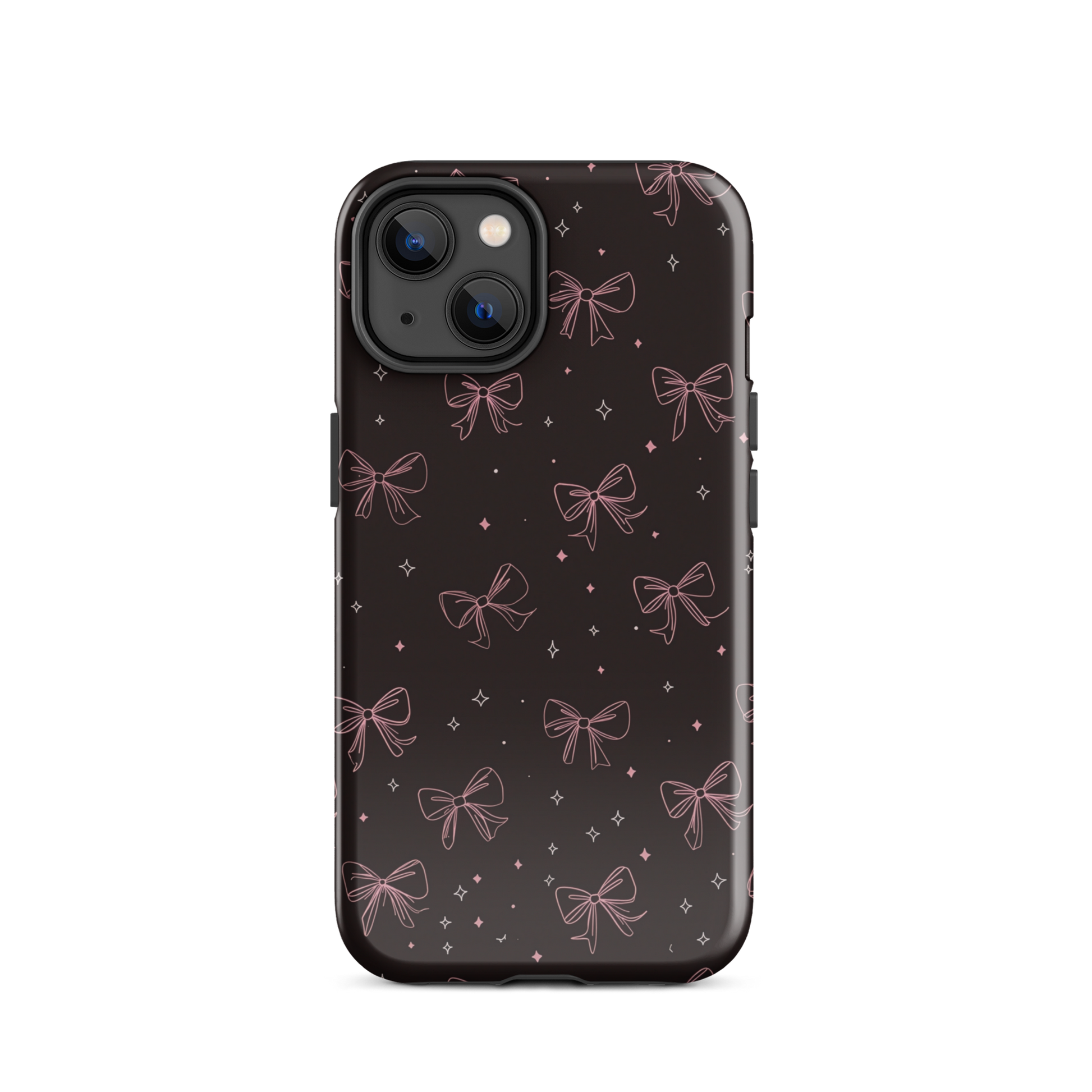 Midnight Bow seamless repeat pattern — pink hand-drawn ribbon bows and sparkle stars on a black background