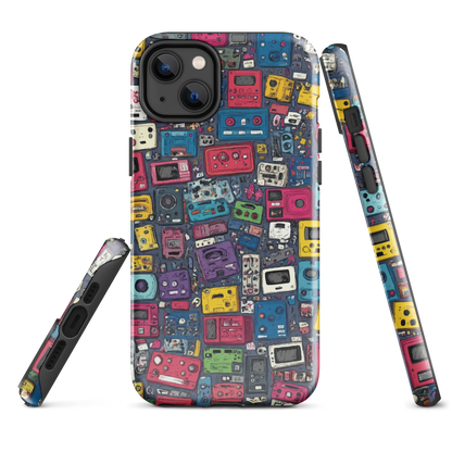 'Arcade' iPhone case, featuring a vibrant collage of hand-drawn controllers in bold, vintage-inspired colours. From electric blue and hot pink to classic black and yellow