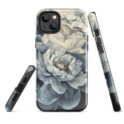 'Whisper' iPhone case features a stunning close-up of softly painted peony blooms in dreamy shades of ivory, grey, and smoky blue.