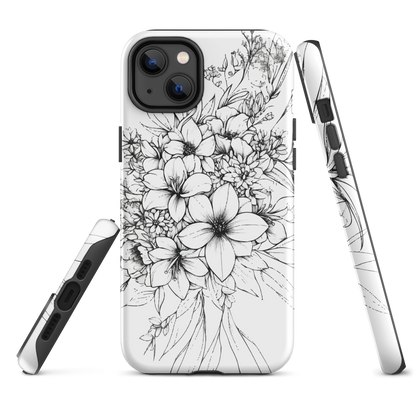 Black and white floral phone case with hand-drawn lilies and wildflowers