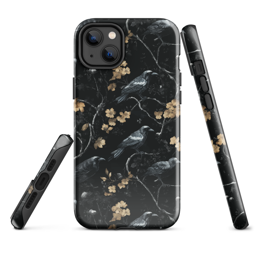 Dark phone case with blackbirds and gold blossoms on black branches.