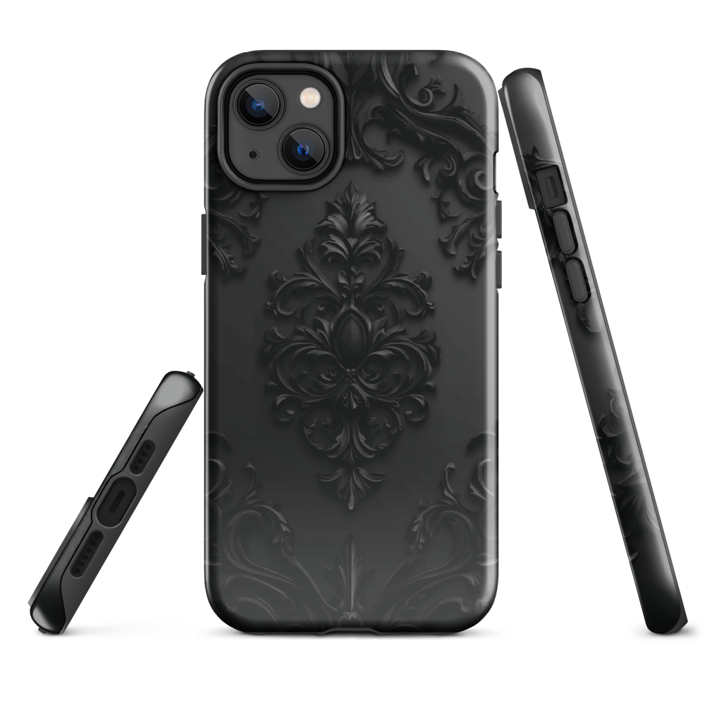 Black embossed damask phone case with gothic baroque pattern.