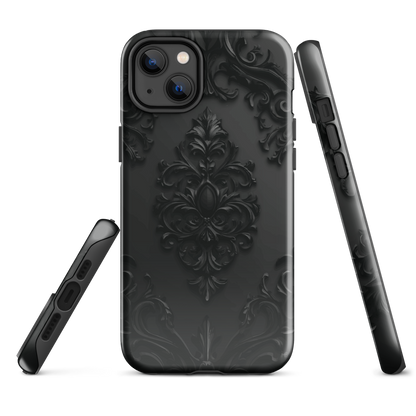 Black embossed damask phone case with gothic baroque pattern.