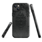 Black embossed damask phone case with gothic baroque pattern.