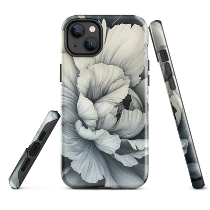 Black and white floral phone case featuring a soft, moody peony design by New Zealand artist Ben Hart.