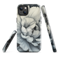 Black and white floral phone case featuring a soft, moody peony design by New Zealand artist Ben Hart.