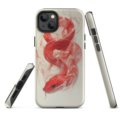 Phone case with red snake design on a cream background, coiled in smoky detail. Bold artwork by NZ designer Ben Hart.