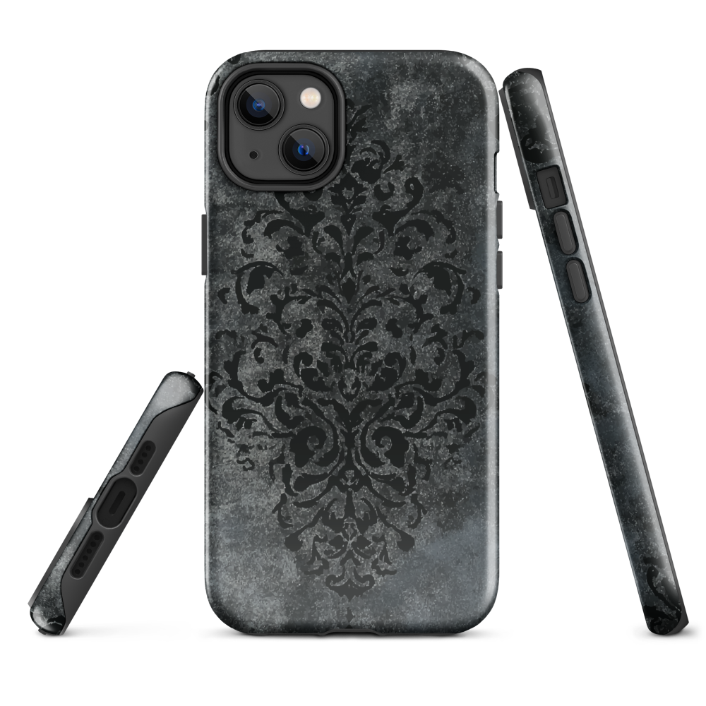 Dark damask patterned phone case with a vintage gothic aesthetic and textured stone background.