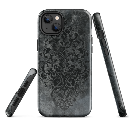 Dark damask patterned phone case with a vintage gothic aesthetic and textured stone background.