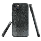 Dark damask patterned phone case with a vintage gothic aesthetic and textured stone background.