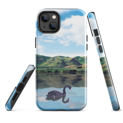 Phone case with a black swan on a calm lake, New Zealand hills in the background. Art by NZ designer Ben Hart.