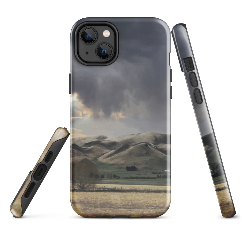 Designer phone case with NZ landscape painting of Te Hauke and cloudy skies by Ben Hart.