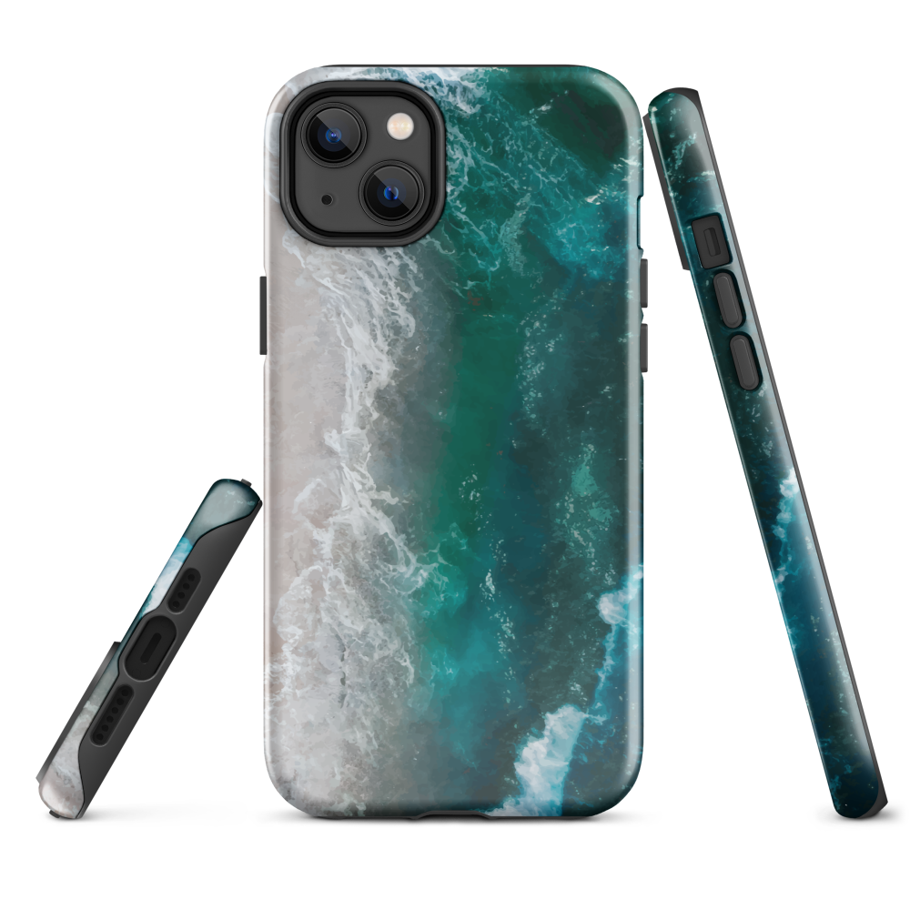 Ocean wave phone case with abstract beach design in teal and white, by NZ artist Ben Hart.