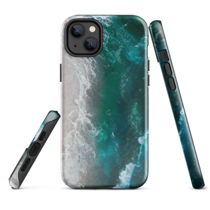 Ocean wave phone case with abstract beach design in teal and white, by NZ artist Ben Hart.