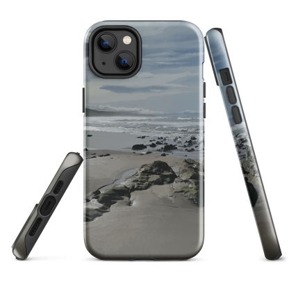 Phone case with artwork of Riversdale Beach, Masterton – rocks, waves and sky by NZ artist Ben Hart.