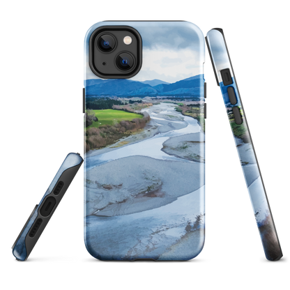 Waiohine phone case featuring artwork of New Zealand’s braided riverbed landscape in the Wairarapa.