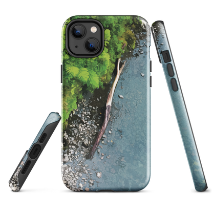Resting Place phone case with aerial artwork of river rocks, green bush, and driftwood in a New Zealand stream.