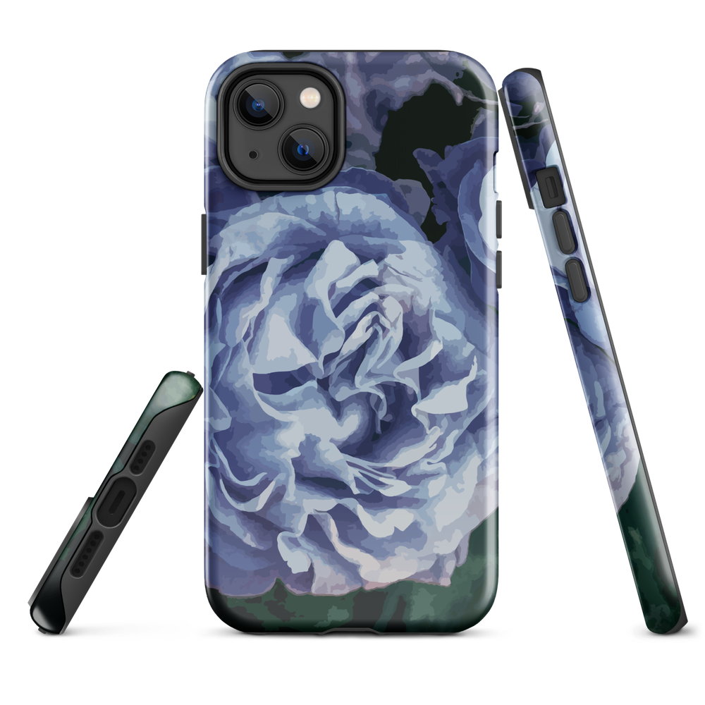 Designer phone case with a bold blue rose artwork and glossy finish.
